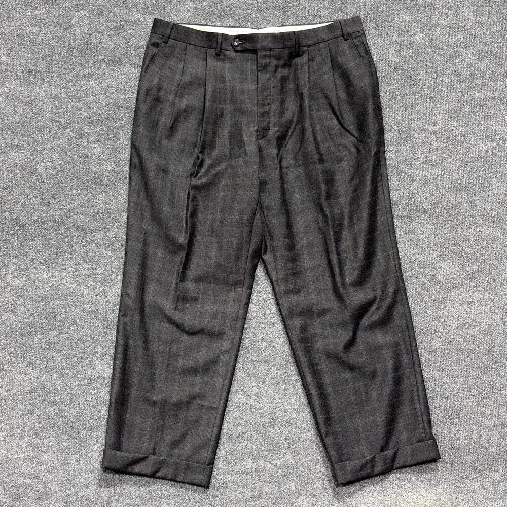 Turnbury Dress Pants Mens 37x27 Gray 100% Wool Plaid Pleated Cuffed Slacks